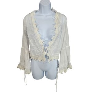 Fe White Lacey Front Tie Blouse
